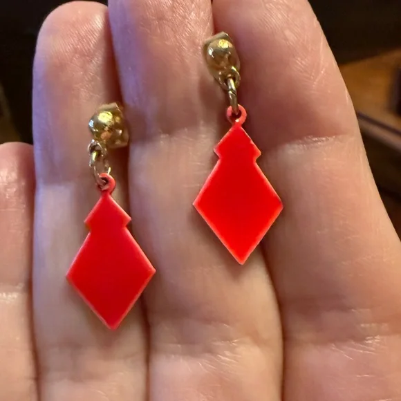 Red Geometric Gold Tone Earrings - Picture 2 of 2